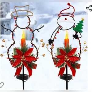 New in box! Set of 2 metal LED solar Christmas decor lights Santa & Snowman